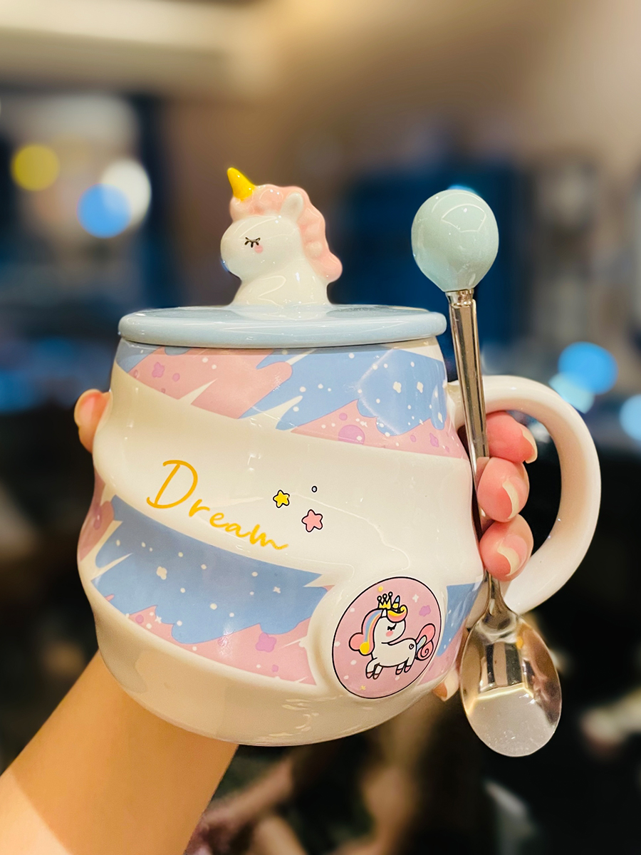 Colorful Rainbow Unicorn Ceramic Mug with Lid and Spoon, Cute Girly Water Cup for Office or Home Coffee Colorful Rainbow Unicorn Ceramic Mug with Lid and Spoon, Cute Girly Water Cup for Office or Home Coffee