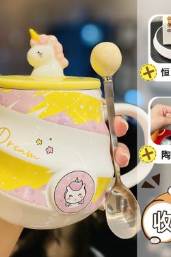 Colorful Rainbow Unicorn Ceramic Mug with Lid and Spoon, Cute Girly Water Cup for Office or Home Coffee