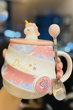 Colorful Rainbow Unicorn Ceramic Mug with Lid and Spoon, Cute Girly Water Cup for Office or Home Coffee
