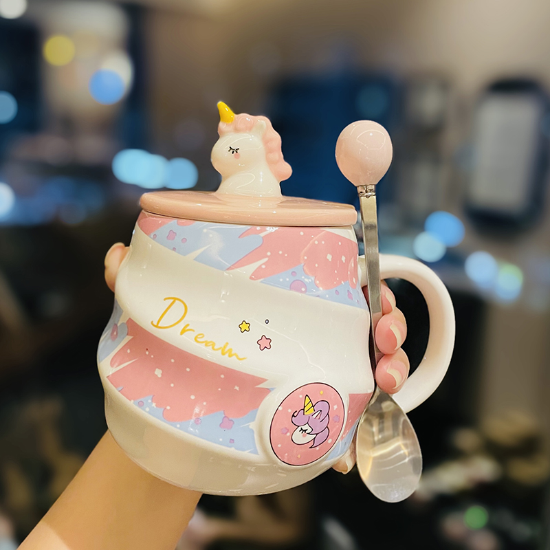 Colorful Rainbow Unicorn Ceramic Mug with Lid and Spoon, Cute Girly Water Cup for Office or Home Coffee Colorful Rainbow Unicorn Ceramic Mug with Lid and Spoon, Cute Girly Water Cup for Office or Home Coffee