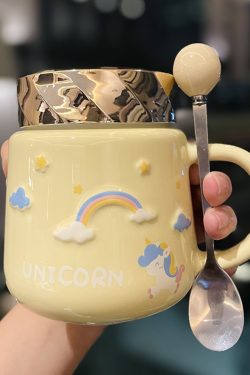 Colorful Rainbow Unicorn Ceramic Mug with Lid and Spoon, Cute Girly Water Cup for Office or Home Coffee