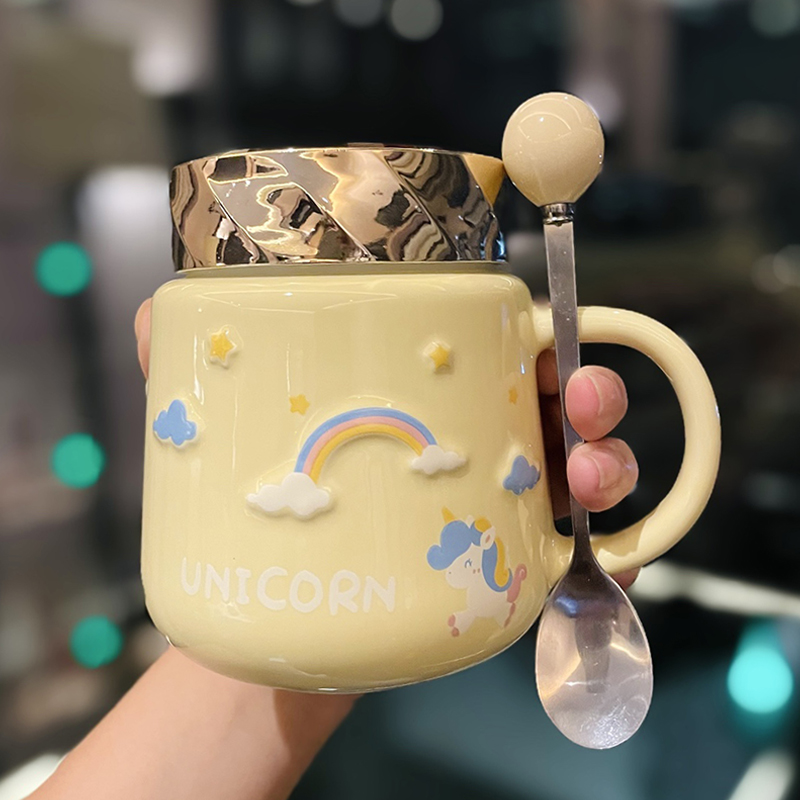 Colorful Rainbow Unicorn Ceramic Mug with Lid and Spoon, Cute Girly Water Cup for Office or Home Coffee Colorful Rainbow Unicorn Ceramic Mug with Lid and Spoon, Cute Girly Water Cup for Office or Home Coffee