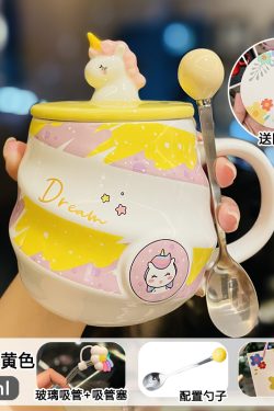 Colorful Rainbow Unicorn Ceramic Mug with Lid and Spoon, Cute Girly Water Cup for Office or Home Coffee