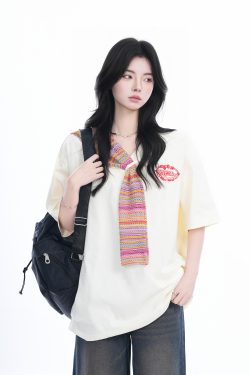 Colorful Spliced Apricot Short Sleeve T-Shirt for Women, Loose Fit, Half Sleeves, Trendy Y2K Style