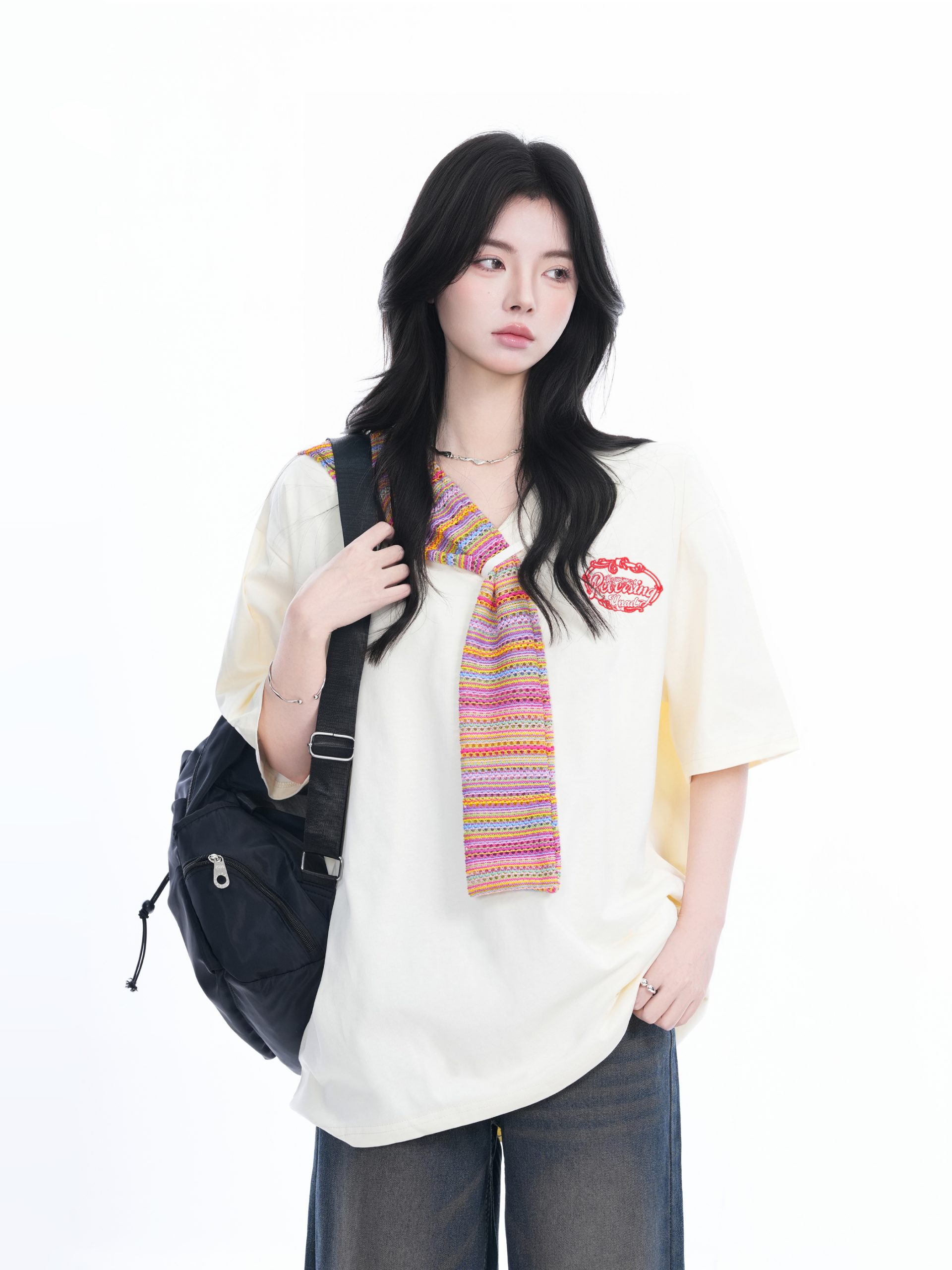 Colorful Spliced Apricot Short Sleeve T-Shirt for Women, Loose Fit, Half Sleeves, Trendy Y2K Style Colorful Spliced Apricot Short Sleeve T-Shirt for Women, Loose Fit, Half Sleeves, Trendy Y2K Style