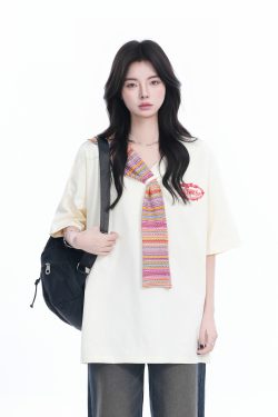 Colorful Spliced Apricot Short Sleeve T-Shirt for Women, Loose Fit, Half Sleeves, Trendy Y2K Style