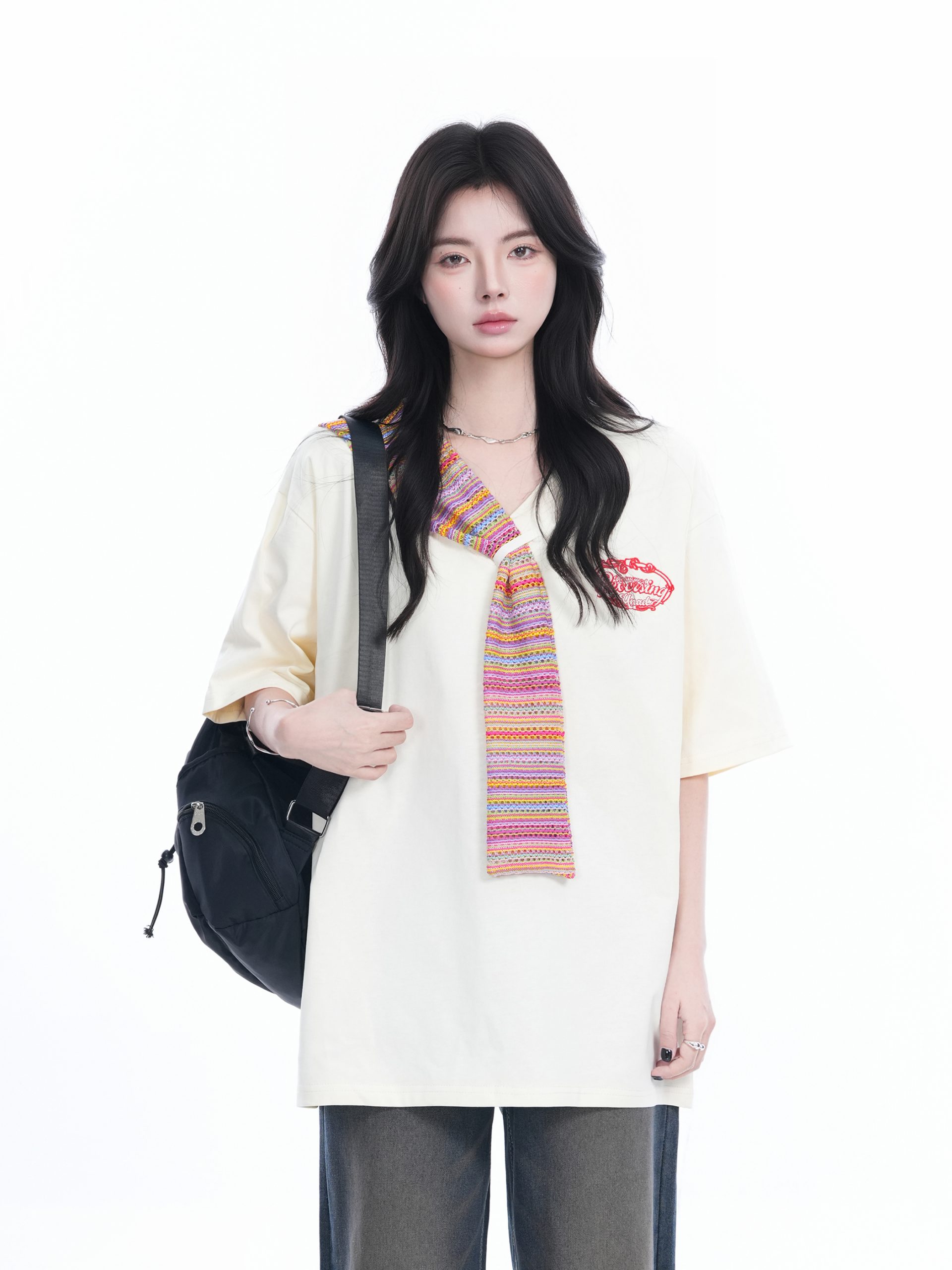 Colorful Spliced Apricot Short Sleeve T-Shirt for Women, Loose Fit, Half Sleeves, Trendy Y2K Style Colorful Spliced Apricot Short Sleeve T-Shirt for Women, Loose Fit, Half Sleeves, Trendy Y2K Style