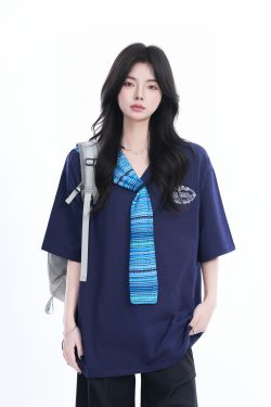 Colorful Spliced Apricot Short Sleeve T-Shirt for Women, Loose Fit, Half Sleeves, Trendy Y2K Style