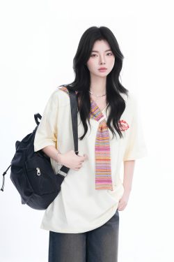 Colorful Spliced Apricot Short Sleeve T-Shirt for Women, Loose Fit, Half Sleeves, Trendy Y2K Style