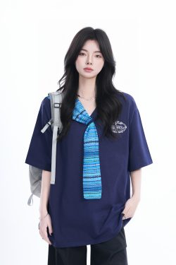 Colorful Spliced Apricot Short Sleeve T-Shirt for Women, Loose Fit, Half Sleeves, Trendy Y2K Style