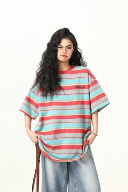 Colorful Striped Short Sleeve T-Shirt for Women - Vintage American Style, Loose Fit Summer Top, 90s Inspired Fashion