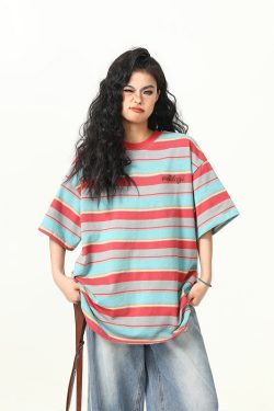 Colorful Striped Short Sleeve T-Shirt for Women - Vintage American Style, Loose Fit Summer Top, 90s Inspired Fashion