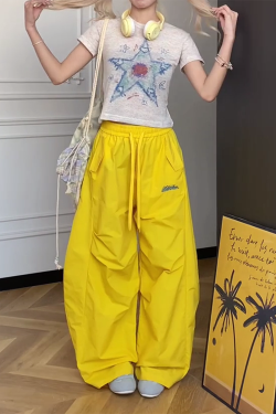 Colorful Wide-Leg Cargo Pants for Women - Summer Jazz Dance Parachute Style, American High Street Casual Outfit