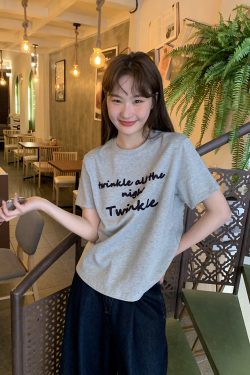 Contrast Color Letter Embroidery Round Neck Short Sleeve T-Shirt for Women - Loose Slimming Summer 2025 Style, Casual Fashion Essential