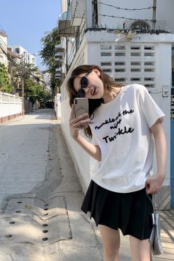 Contrast Color Letter Embroidery Round Neck Short Sleeve T-Shirt for Women - Loose Slimming Summer 2025 Style, Casual Fashion Essential