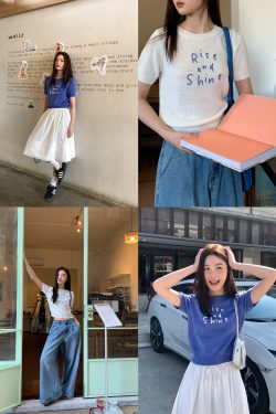 Contrast Color Letter Embroidery Short-Sleeve Knitted Top for Women - Spring/Summer 2023, Slightly Loose Fit T-Shirt