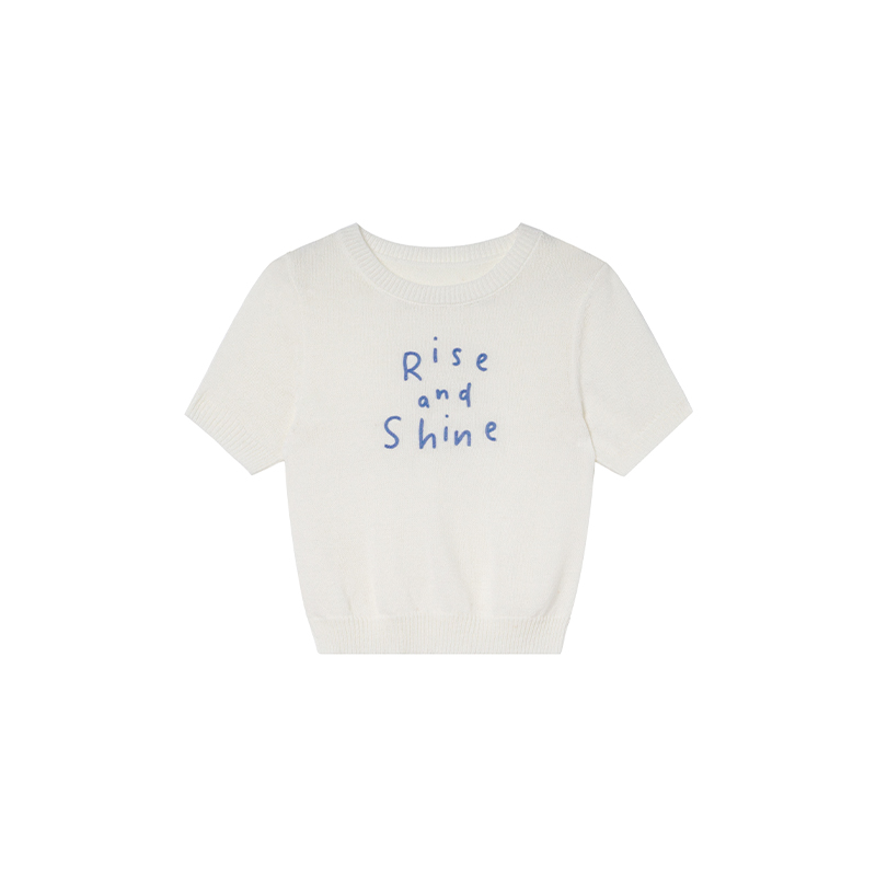 Contrast Color Letter Embroidery Short-Sleeve Knitted Top for Women - Spring/Summer 2023, Slightly Loose Fit T-Shirt Contrast Color Letter Embroidery Short-Sleeve Knitted Top for Women - Spring/Summer 2023, Slightly Loose Fit T-Shirt