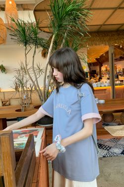 Contrast Color Letter Embroidery Short Sleeve T-Shirt for Women - Summer Loose Slim Fit Top, 90s Vintage Style