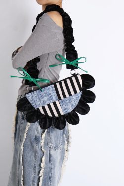Contrasting Color Floral Underarm Bag - Spliced Denim Bow Half-Moon Crossbody Bag for Autumn & Winter, Niche Design