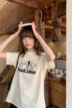 Contrasting Color Striped Dog Foam Printed Short-Sleeve T-Shirt for Women - Summer High-End Round Neck Top, Trendy Fashion 90s Style