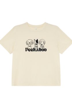 Contrasting Color Striped Dog Foam Printed Short-Sleeve T-Shirt for Women - Summer High-End Round Neck Top, Trendy Fashion 90s Style