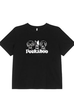 Contrasting Color Striped Dog Foam Printed Short-Sleeve T-Shirt for Women - Summer High-End Round Neck Top, Trendy Fashion 90s Style