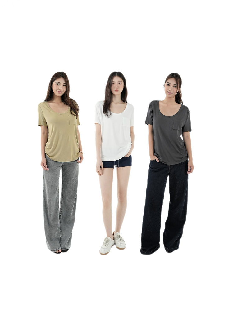 Cool Feel Loose Short Sleeve T-Shirt with Big Round Neck and Low-Cut Design - Perfect for Casual 90s Style Cool Feel Loose Short Sleeve T-Shirt with Big Round Neck and Low-Cut Design - Perfect for Casual 90s Style