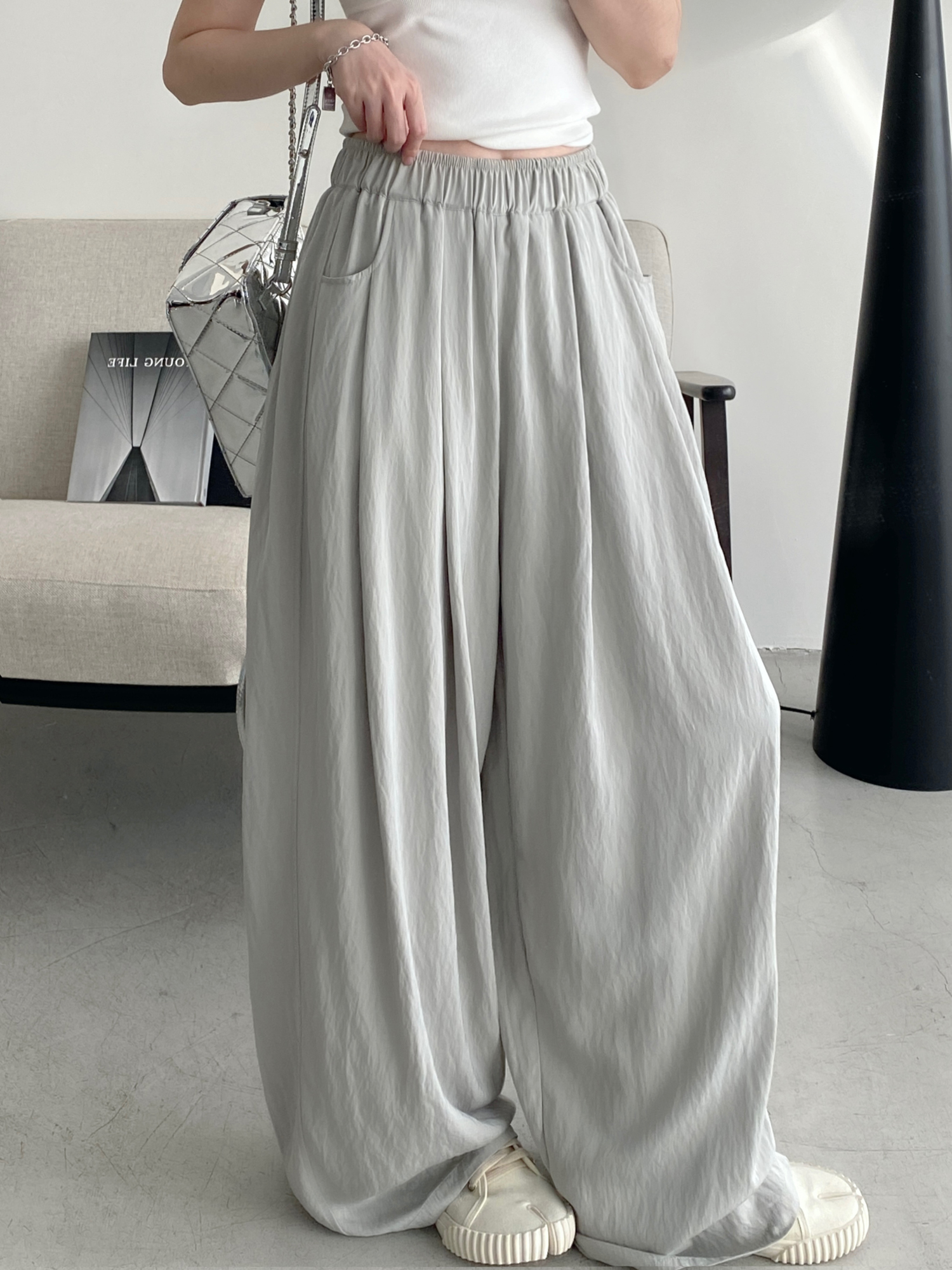 Cool Feel Wide-Leg Pants in Water-Washed Faux Tencel - Soft, Heavy-Duty Casual Long Pants with Lazy Tone Design Cool Feel Wide-Leg Pants in Water-Washed Faux Tencel - Soft, Heavy-Duty Casual Long Pants with Lazy Tone Design