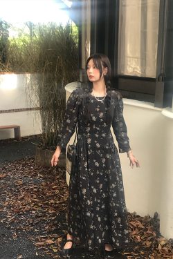 Cool Sky Blue Silk Linen Dress for Women, Vintage Autumn Puff Sleeve, Waist-Defined Long Dress, Y2K Fashion, Elegant Casual Wear