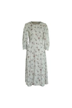 Cool Sky Blue Silk Linen Dress for Women, Vintage Autumn Puff Sleeve, Waist-Defined Long Dress, Y2K Fashion, Elegant Casual Wear