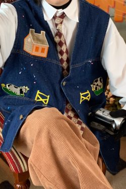 Cow Print Denim Vest - Vintage Style Retro Gilet for Autumn, Versatile Loose Fit Fashion, 90s Inspired, Handmade Spray Paint Design