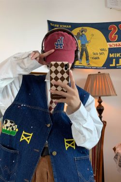 Cow Print Denim Vest - Vintage Style Retro Gilet for Autumn, Versatile Loose Fit Fashion, 90s Inspired, Handmade Spray Paint Design