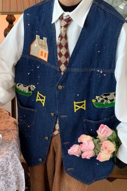 Cow Print Denim Vest - Vintage Style Retro Gilet for Autumn, Versatile Loose Fit Fashion, 90s Inspired, Handmade Spray Paint Design