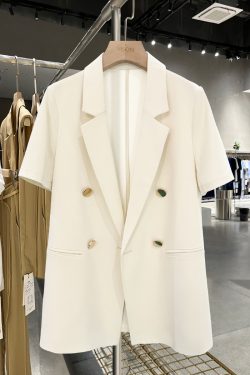 Cream Short Sleeve Blazer with Metal Buttons - British Style Professional Suit for Women - 2025 Summer Fashion Trend