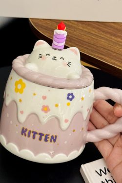 Creative Birthday Cake Mug - High-Value Ceramic Water Cup with Lid, Perfect Gift for Girls and Best Friends