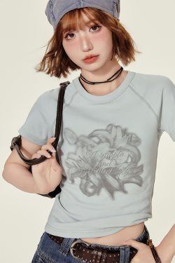 Cropped American Retro Raglan T-Shirt for Women, Short Sleeve Round Neck Top, Summer Style, Slim Fit, Trendy Y2K Fashion