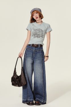 Cropped American Retro Raglan T-Shirt for Women, Short Sleeve Round Neck Top, Summer Style, Slim Fit, Trendy Y2K Fashion