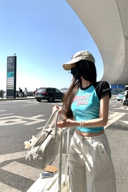 Cropped Color-Blocking T-Shirt for Women, Short Sleeve American Style, Trendy Hot Girl Printed Top, Y2K Fashion