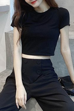 Cropped Pure Cotton Short Sleeve T-Shirt for Women, Slim Fit, Solid Color Round Neck Top - Versatile Summer 2025 Essential