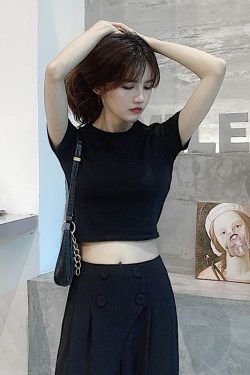 Cropped Pure Cotton Short Sleeve T-Shirt for Women, Slim Fit, Solid Color Round Neck Top - Versatile Summer 2025 Essential