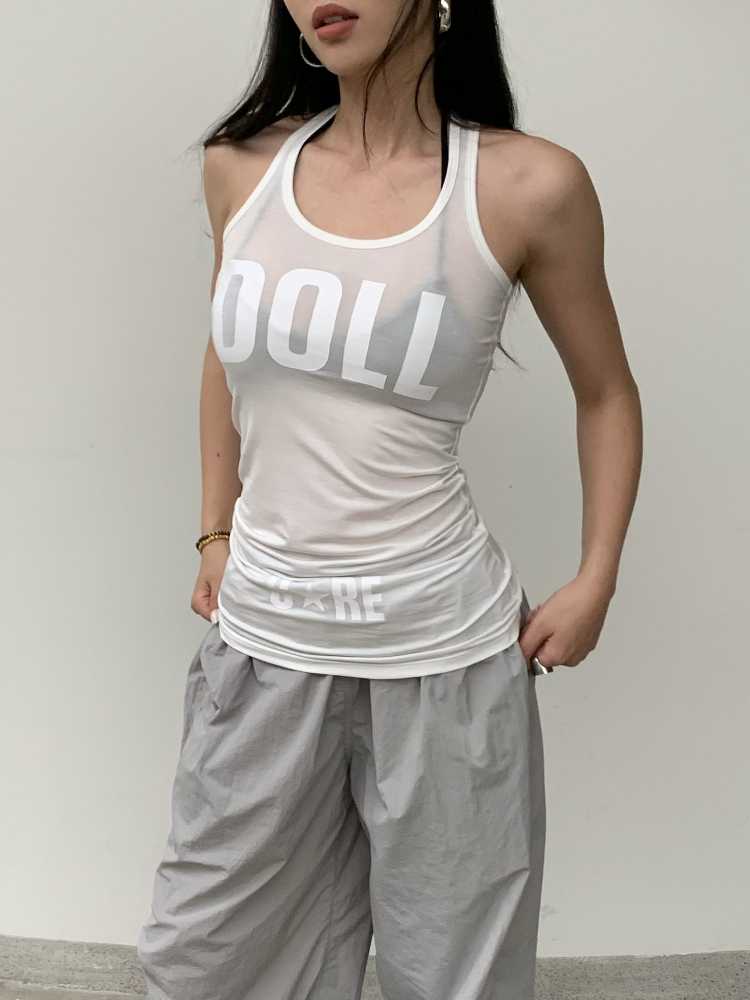 Cross-Back Tank Dress in Semi-Transparent Tencel with Dollcore Print, High Comfort Stretch Fabric for Aesthetic Style Cross-Back Tank Dress in Semi-Transparent Tencel with Dollcore Print, High Comfort Stretch Fabric for Aesthetic Style