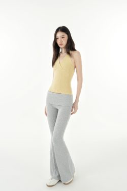 Cross V-Neck Knitted Ribbed Halter Top - Trendy Y2K Style Crop Top for Chic Outfits