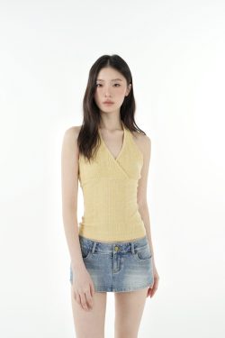 Cross V-Neck Knitted Ribbed Halter Top - Trendy Y2K Style Crop Top for Chic Outfits