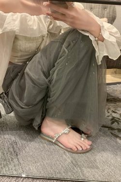 Crystal Flower Buckle Wedge Open-Toe Flat Slippers for Women, Summer Fairy Style, Perfect for Skirts and Outdoor Wear