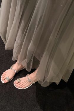 Crystal Flower Buckle Wedge Open-Toe Flat Slippers for Women, Summer Fairy Style, Perfect for Skirts and Outdoor Wear