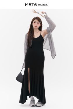 Curvy Mermaid Sister Flirty Irregular Split Fish Tail Dress with Slimming Spaghetti Straps - Trendy Y2K Style for Effortless Elegance