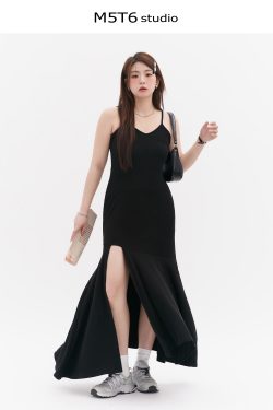 Curvy Mermaid Sister Flirty Irregular Split Fish Tail Dress with Slimming Spaghetti Straps - Trendy Y2K Style for Effortless Elegance