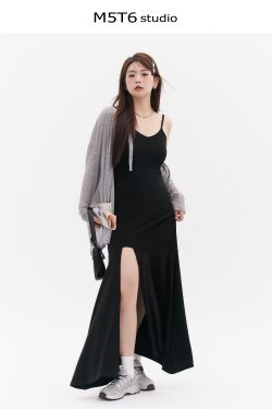 Curvy Mermaid Sister Flirty Irregular Split Fish Tail Dress with Slimming Spaghetti Straps - Trendy Y2K Style for Effortless Elegance