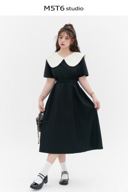 Curvy Summer Doll Collar Color-Block Dress - Loose Fit College Style for a Youthful Look, Perfect for 90s and Y2K Fashion Trends