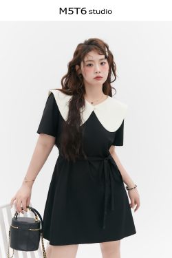 Curvy Summer Doll Collar Color-Block Dress - Loose Fit College Style for a Youthful Look, Perfect for 90s and Y2K Fashion Trends